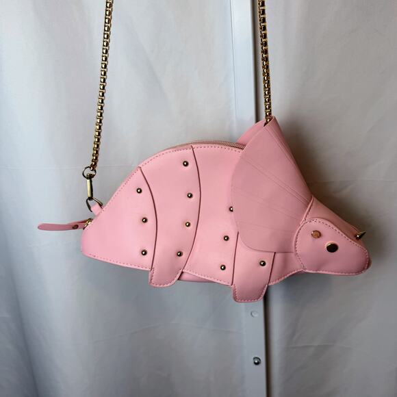 Pink Triceratops Dinosaur Crossbody Bag Studded Faux Leather Novelty Purse Gold - Picture 3 of 5